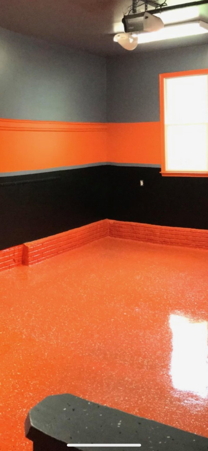 Custom Themed Garage Epoxy Floor — Color My World Painting project in Maryland